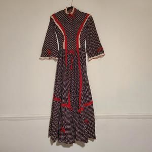 Damaged Vintage Handmade Praire Dress Navy Pattern Red Bows with Hat
